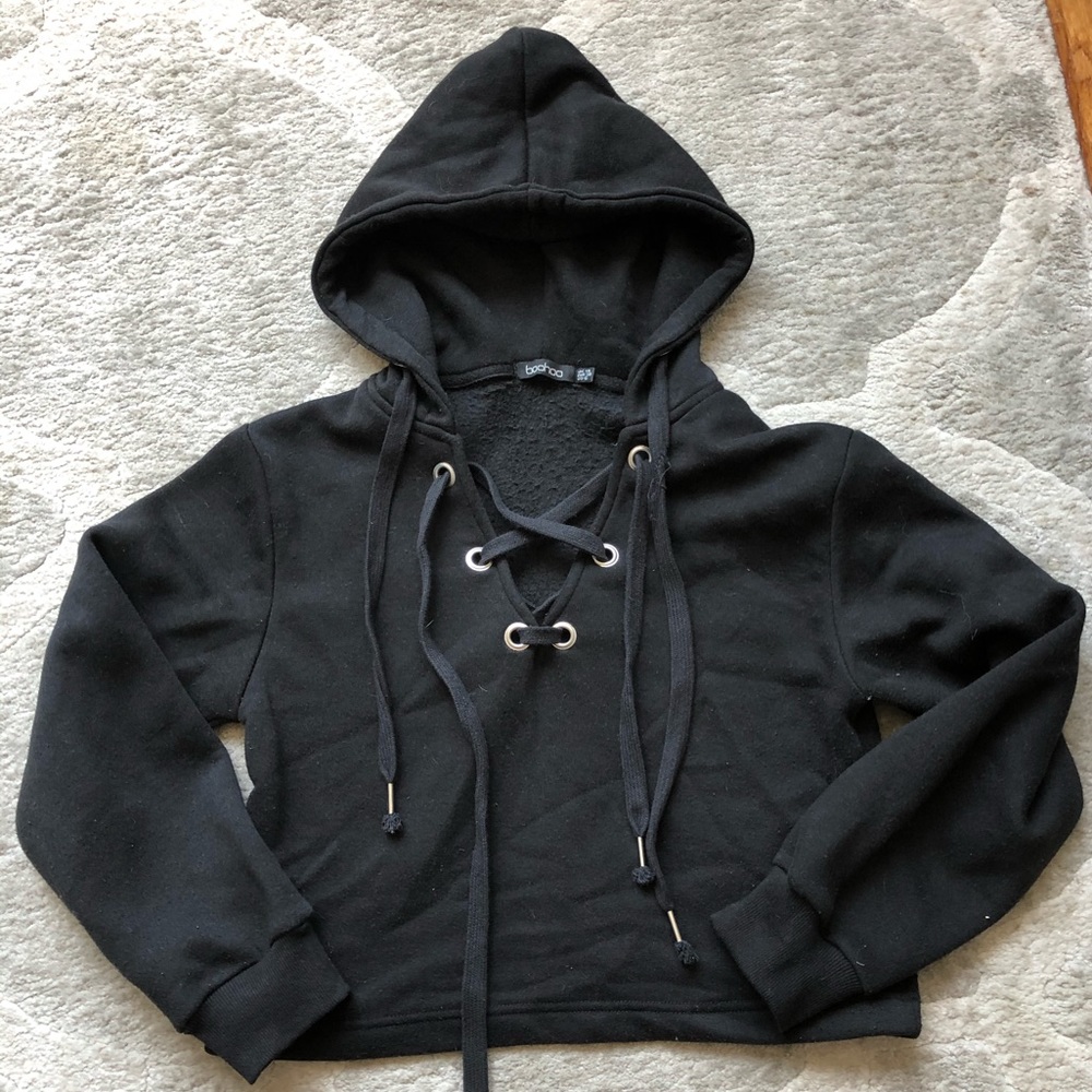 Black Crop Hoodie with Lace Up Front